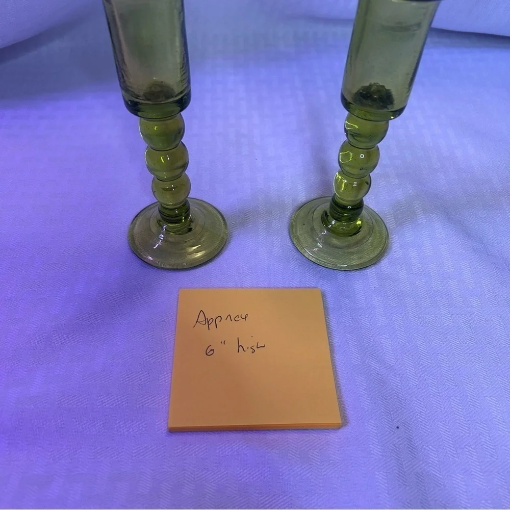 Vintage Pair Jamestown Glasshouse Hand Blown Green Glass Candle Holders